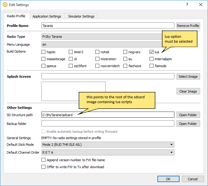 Edit Settings dialog from OpenTX Companion